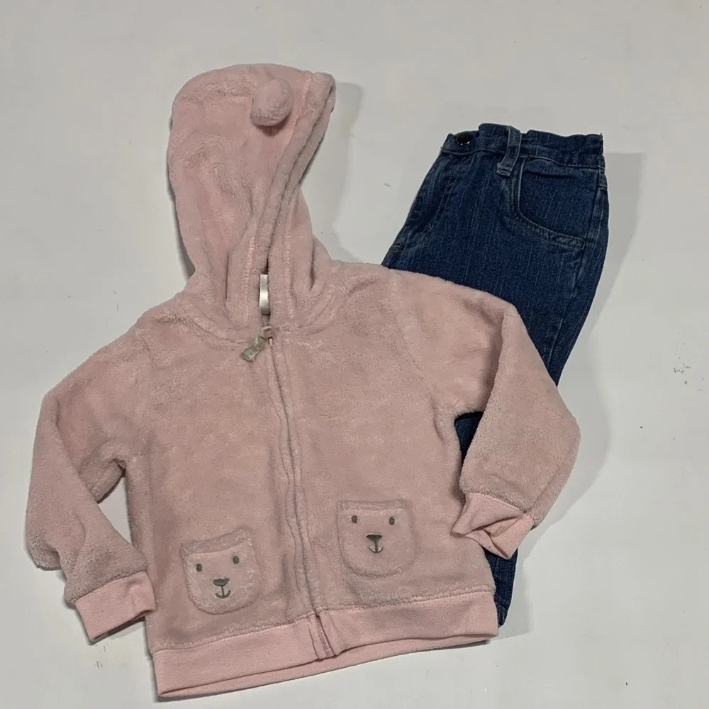 Pink‎ Fleece Bear Hoodie and Blue Jeans Set 4252